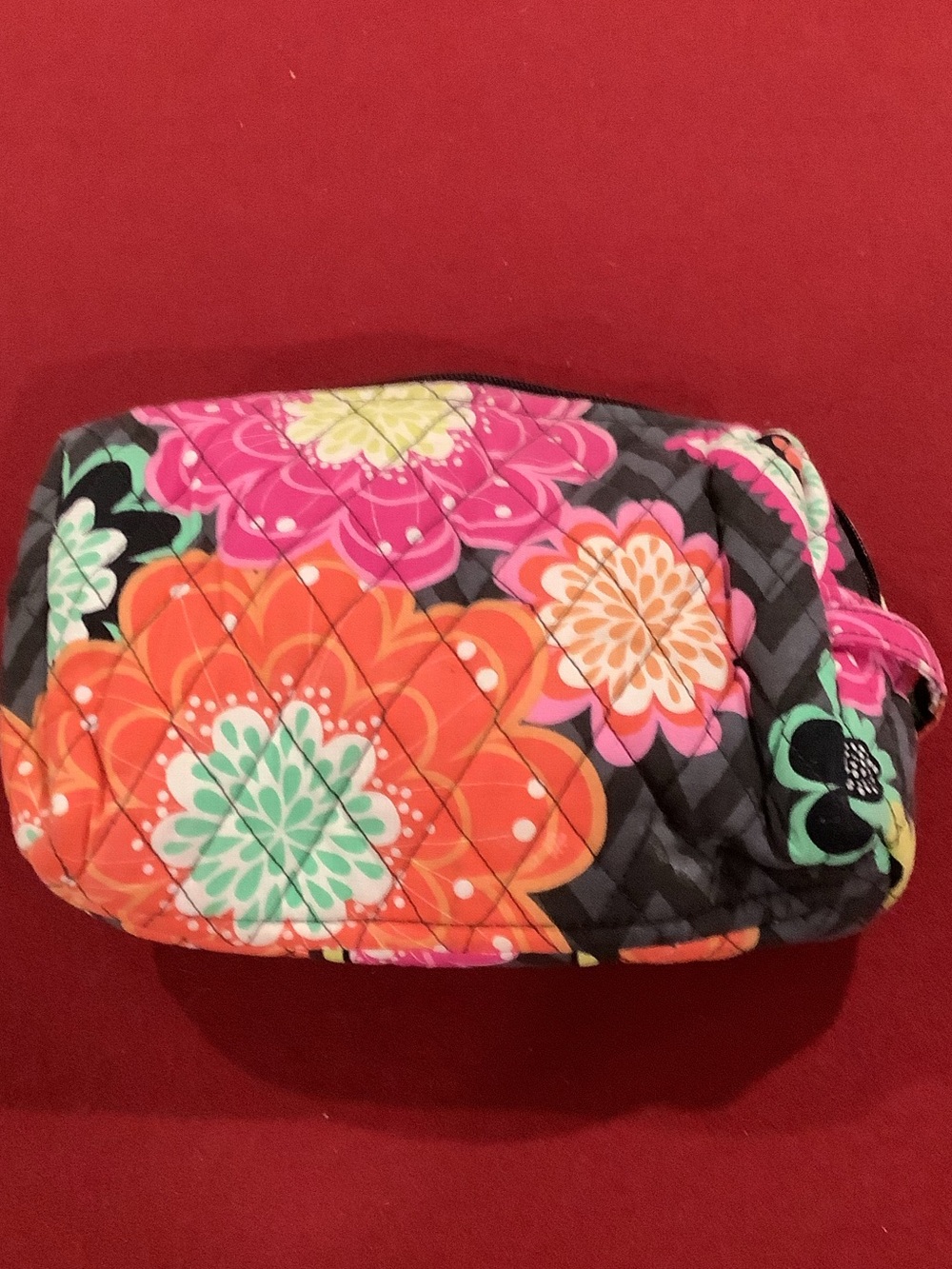 Vera Bradley Black Quilted Pouch with Pink and Orange Floral Accents
